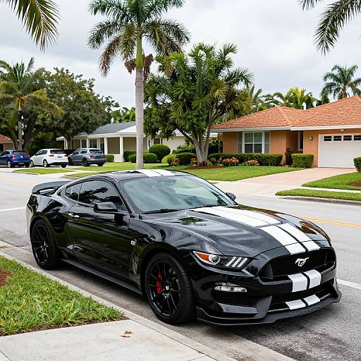 Photograph of a sleek black Ford Mustang with white racing stripes parked in a suburban neighborhood with palm trees and single-story houses.