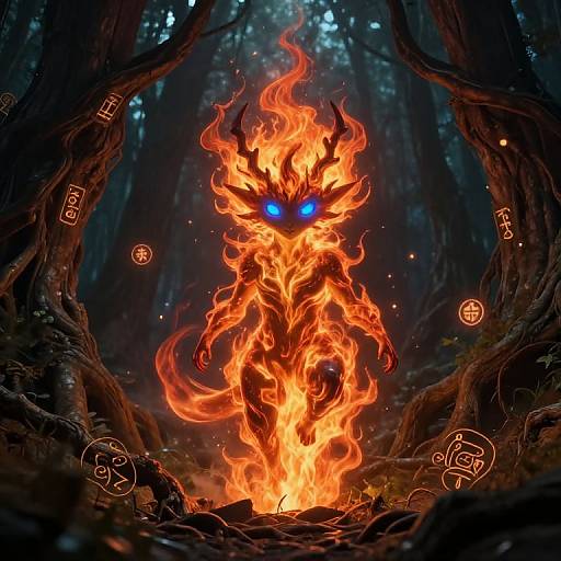 Digital artwork of a fiery, humanoid figure with glowing blue eyes, standing in a dark, enchanted forest with twisted trees.