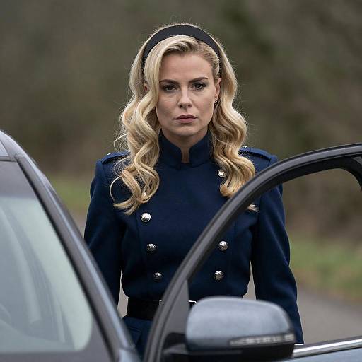 Blonde Woman in Military Style Coat by Car