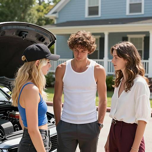 Three Friends Inspecting a Car Together