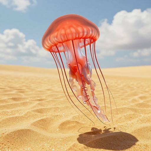 Photograph of a vibrant red jellyfish with translucent tentacles floating above golden sandy dunes under a bright blue sky with fluffy white clouds.