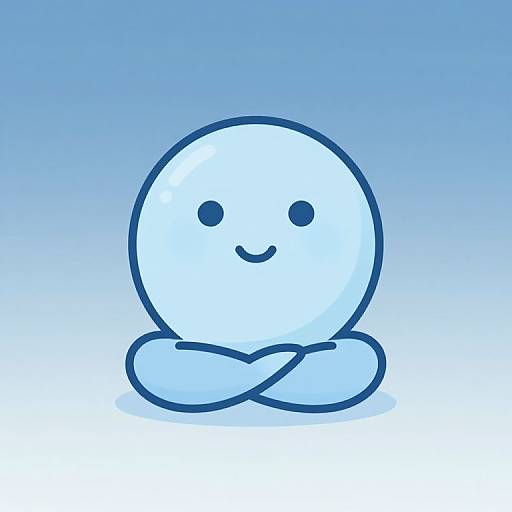 Simple digital drawing of a blue, circular, smiling face with crossed arms against a gradient blue to white background. Minimalist style.