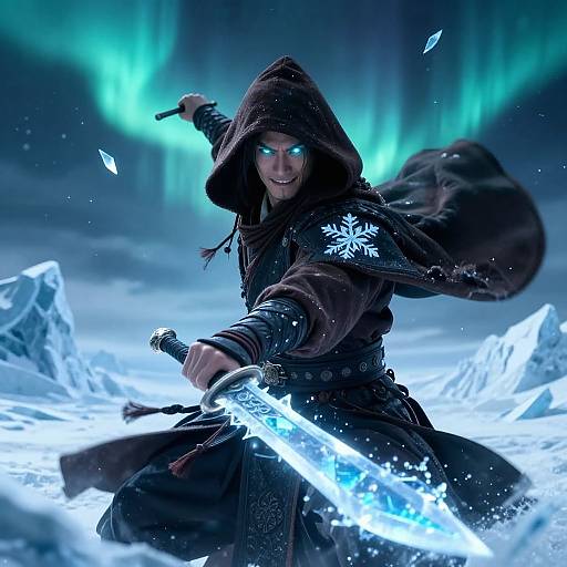 Digital fantasy artwork of a hooded warrior with glowing blue eyes, wielding an icy sword, surrounded by glowing ice crystals and aurora.