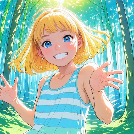 Cheerful Anime Student in Vibrant Forest