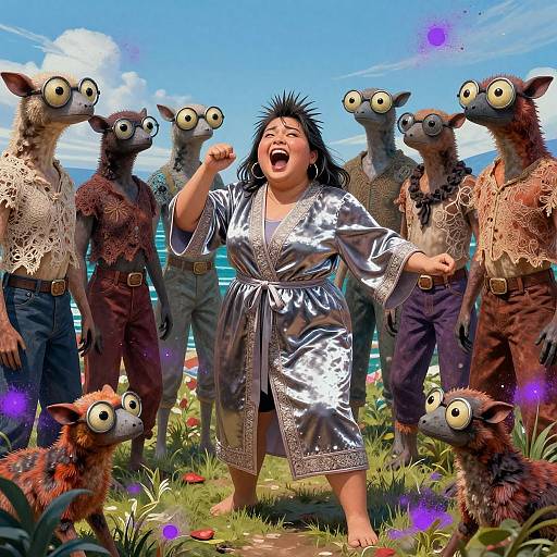 Photorealistic CGI of a laughing Asian woman in a silver robe, surrounded by six anthropomorphic sheep with large, expressive eyes, in a sunny,