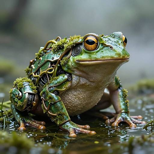 Photorealistic CGI of a green frog with metallic mechanical parts, moss-covered, sitting in shallow water, with a blurred forest background.