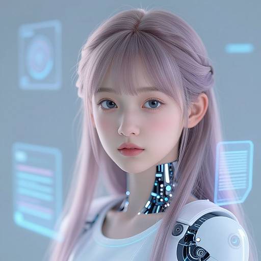 CGI portrait of a young, pale-skinned, anime-style girl with lavender hair, blue eyes, wearing a white top and futuristic black collar,