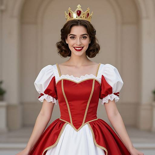 Photograph of a smiling young woman with dark wavy hair, wearing a gold crown, red and white princess dress, and standing in a grand,
