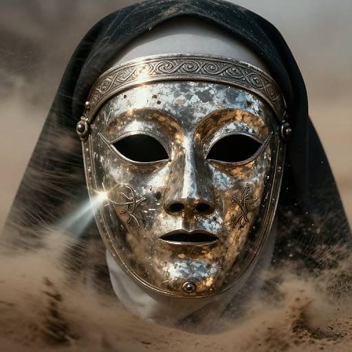Photograph of a mysterious, silver, reflective mask with intricate patterns, set against a blurred, misty background, partially covered by a black hood.