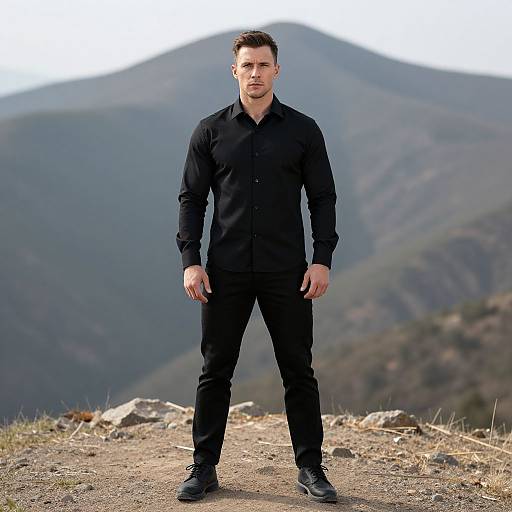 Photograph of a tall, handsome man with short dark hair, wearing a black long-sleeve shirt and pants, standing confidently on a rocky mountain