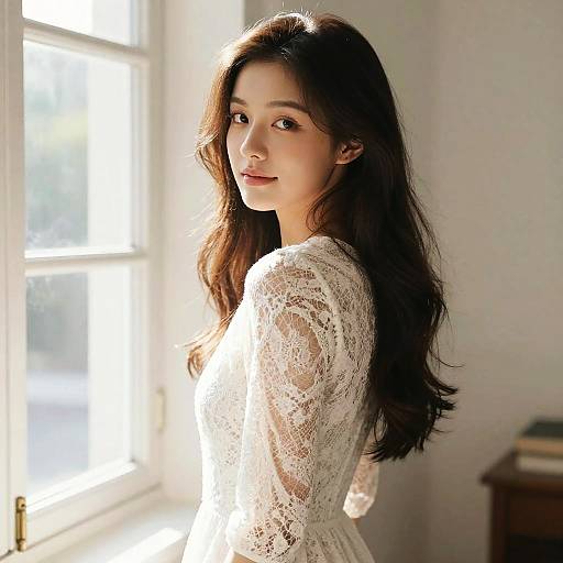 Photograph of a young Asian woman with long, wavy brown hair, wearing a white lace dress, standing by a sunlit window.
