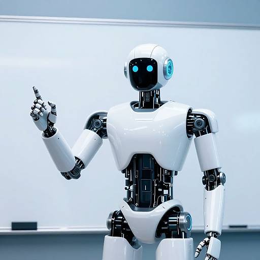 Photograph of a white, humanoid robot with glowing blue eyes, black joints, and a raised index finger, set against a bright white background.
