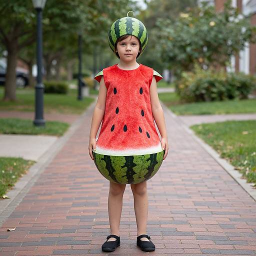 Photograph of a young child in a watermelon costume with green stripes and black seeds, standing on a brick pathway in a park.