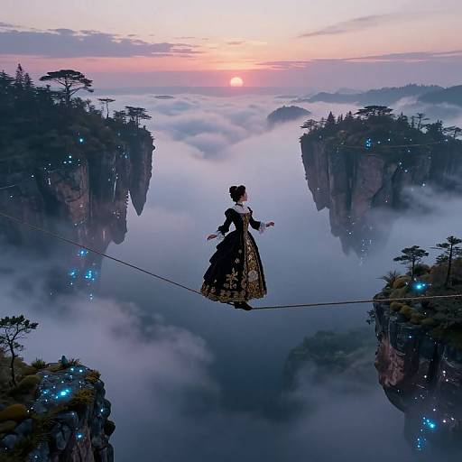 Digital artwork of a Victorian-style woman with dark hair and ornate dress, balancing on a tightrope between misty, floating cliffs at sunset.
