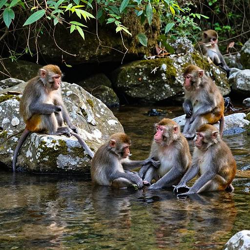 Photograph of seven brown monkeys with pink faces, sitting and playing in a rocky, forested stream; lush green foliage in the background.