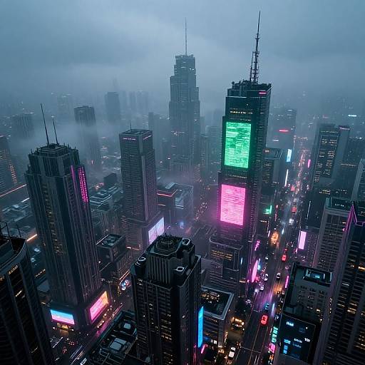 Futuristic cityscape photograph at night, showing towering skyscrapers with neon lights, foggy atmosphere, and vibrant, colorful billboards.
