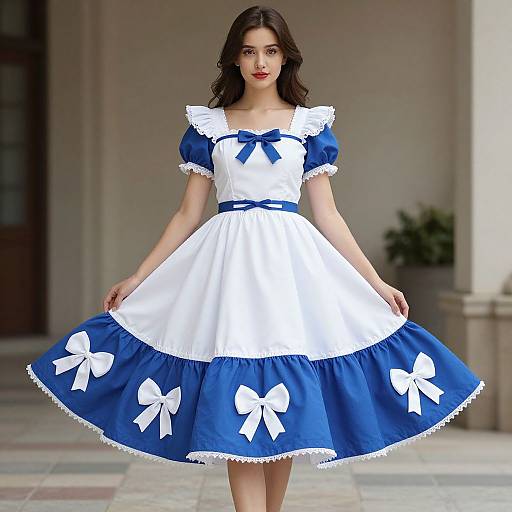 Photograph of a young woman with fair skin, dark wavy hair, wearing a blue and white Alice in Wonderland-style dress with white bows, standing