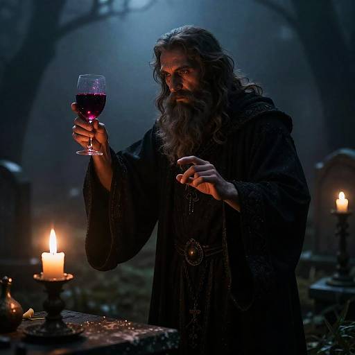 Elegant Ancient Sorcerer in Foggy Graveyard