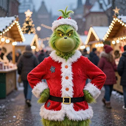 Photograph of a green anthropomorphic dog in a fluffy red Santa suit with white trim, standing confidently at a festive, snow-dusted outdoor market,