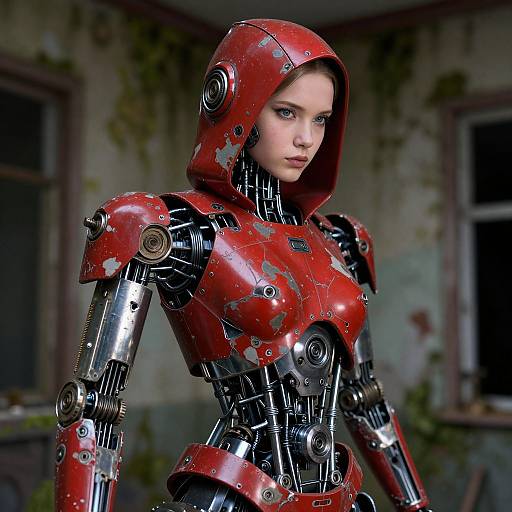 Photorealistic CGI of a young, fair-skinned woman with blue eyes, wearing a red, metallic robot suit with black joints, standing in a