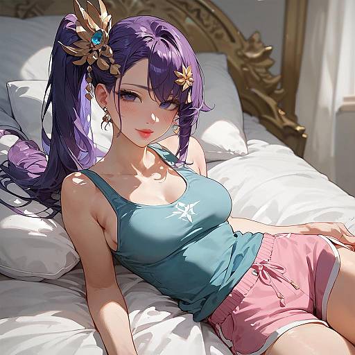 Anime Girl with Purple Hair Sitting on Bed