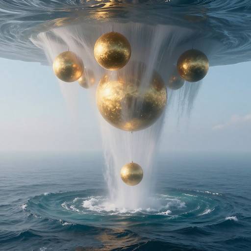 CGI image of gold spheres falling through water, creating white water splashes, under a rippling, oceanic surface, with a clear blue sky