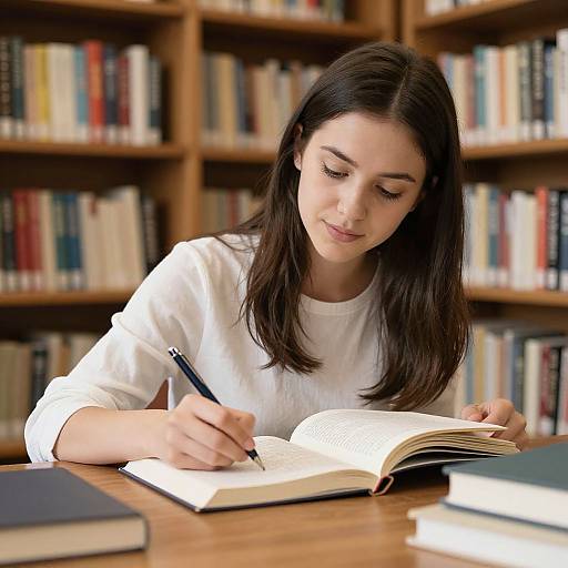 Photograph of a young woman with straight dark brown hair, wearing a white long-sleeve shirt, writing in an open book at a wooden table