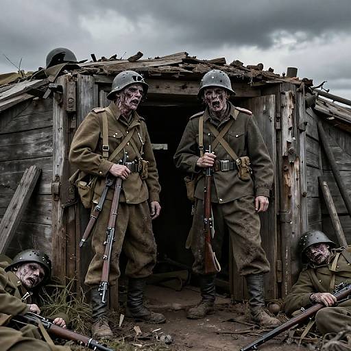 Photograph of two grinning World War I soldiers in muddy uniforms and helmets standing in front of a wooden, ruined hut, holding rifles, with two