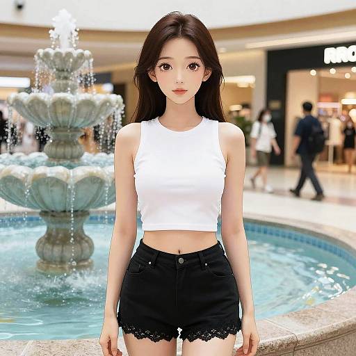 Photorealistic digital art of an East Asian woman with long black hair, wearing a white crop top and black lace-trimmed shorts, standing in