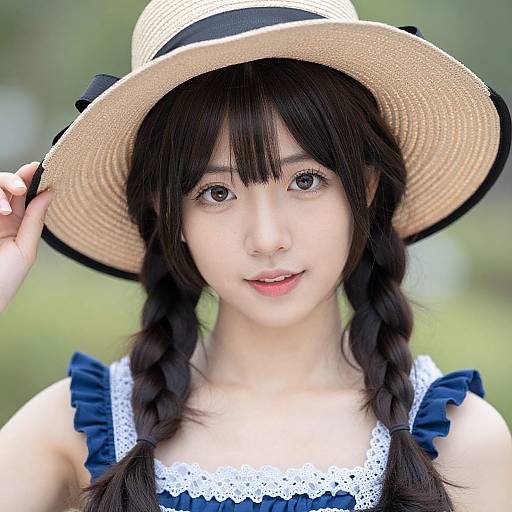 Photograph of an Asian woman with fair skin, black hair in braids, wearing a straw hat, blue and white lace dress, and black ribbon