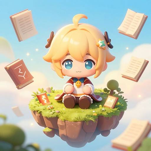 Cute chibi anime boy with blonde hair and blue eyes, floating on a grassy cliff, surrounded by floating books in bright sunlight.