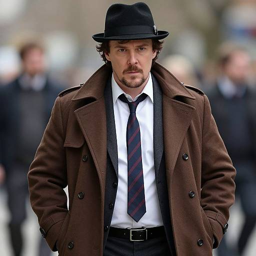 Photograph of a serious, handsome man with dark hair, beard, wearing a black hat, brown coat, white shirt, and striped tie, standing