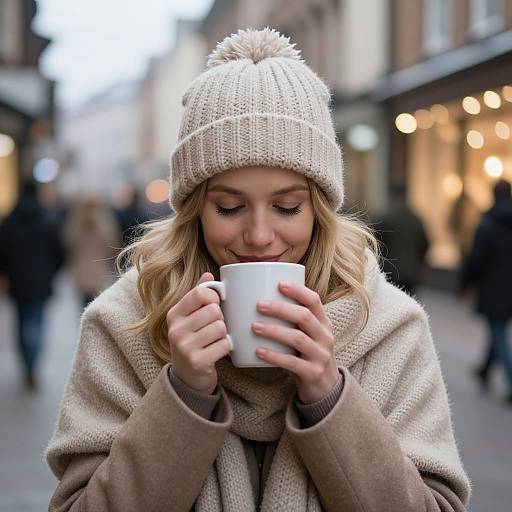 Photograph of a blonde woman with fair skin, wearing a beige knit hat and coat, smiling while holding a white mug in a blurred, winter street