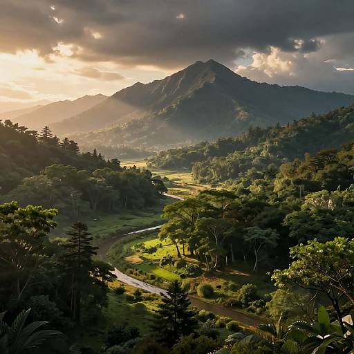 Photograph of a lush, sunlit valley with a winding river, dense forest, and towering mountains under a dramatic cloudy sky.