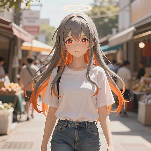 Anime-style digital artwork of a young girl with long black and orange hair, wearing a white shirt and blue jeans, walking down a sunlit, bustling