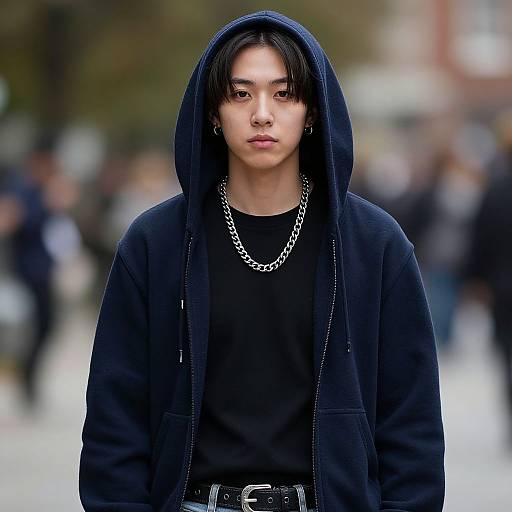 Photograph of an Asian young man with straight black hair, wearing a black hoodie, chain necklace, black shirt, and belt, standing in a blurred
