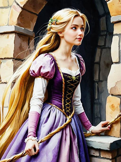 Woman in Rapunzel Costume Watercolor Illustration