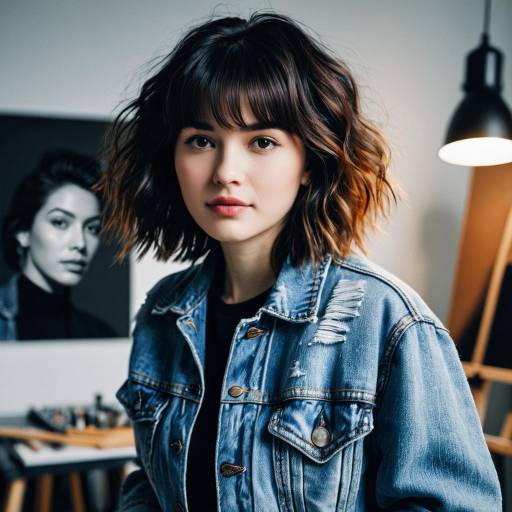 Young woman with modern shag hairstyle in denim jacket