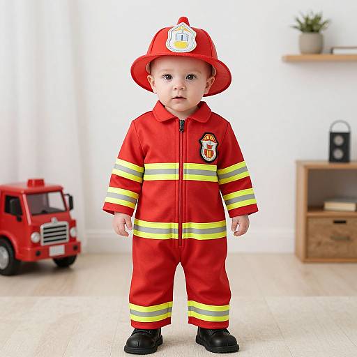 Photograph of a baby with fair skin and blue eyes, wearing a red firefighter outfit, helmet, and black shoes, standing in a brightly lit room