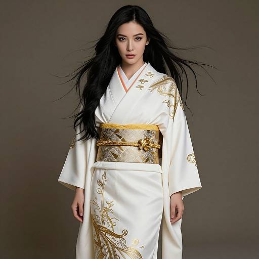 Elegant Woman in White Kimono with Gold Accents