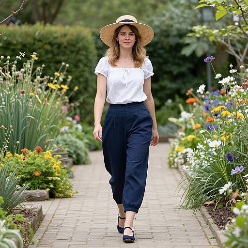 Photograph of a smiling woman with wavy blonde hair, wearing a white blouse, navy high-waisted pants, and straw hat, walking down