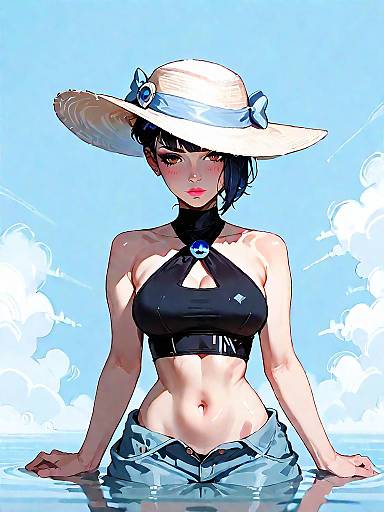 Anime Girl in Black Halter Swimsuit with Straw Hat