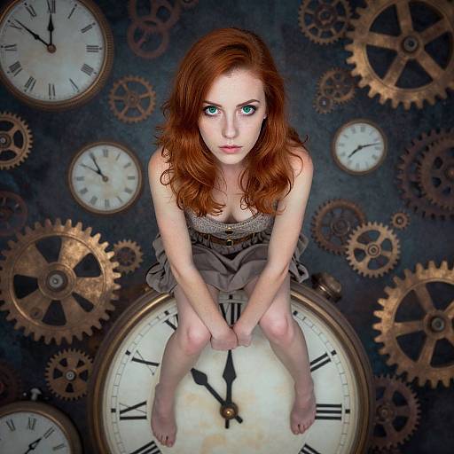 Digital illustration of a pale-skinned, red-haired woman with blue eyes, sitting barefoot on a clock, surrounded by various gears and clocks. Ste