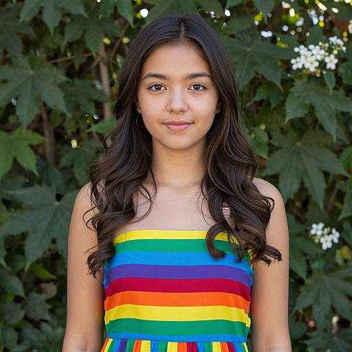 Photograph of a young woman with long, wavy black hair, wearing a colorful, rainbow-striped tank top, standing against a lush, green leaf
