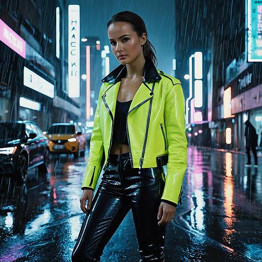 Woman in Neon Leather Jacket in Rainy Futuristic City