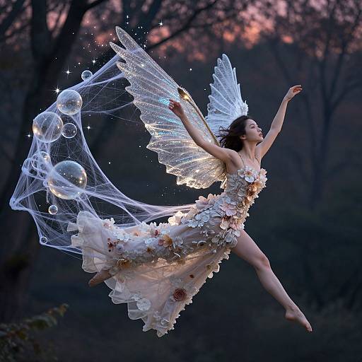 Photograph of a fair-skinned fairy with glowing wings and translucent veil, adorned in a white, floral dress, mid-flight against a twilight forest backdrop