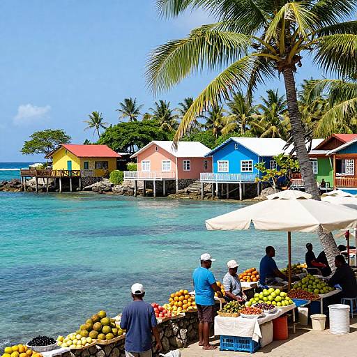 Vibrant photograph of tropical beach scene with colorful wooden houses, palm trees, clear turquoise water, and fruit stand with customers.