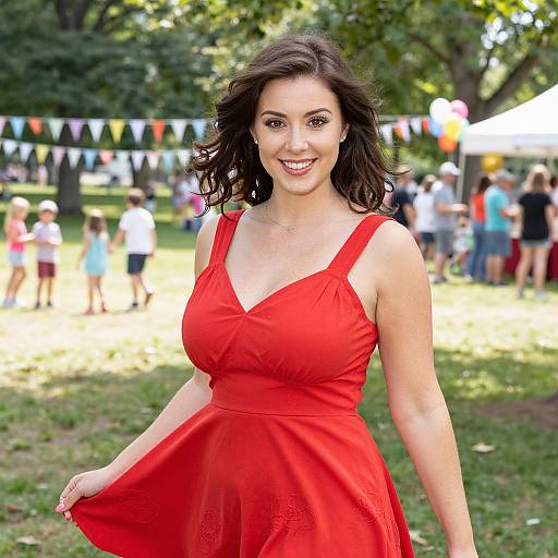 Photograph of a smiling brunette woman with wavy hair, wearing a red sleeveless dress, standing in a sunny park with colorful flags and people in