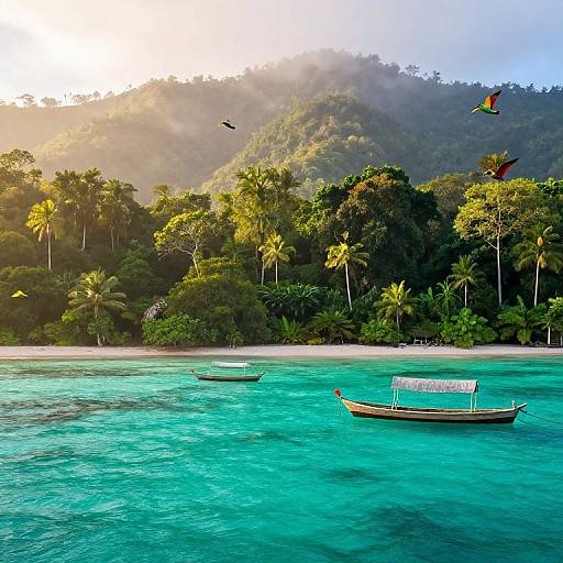 Photograph of turquoise tropical sea with three wooden boats, surrounded by lush green palm trees, and misty mountains in the background. Two birds in flight