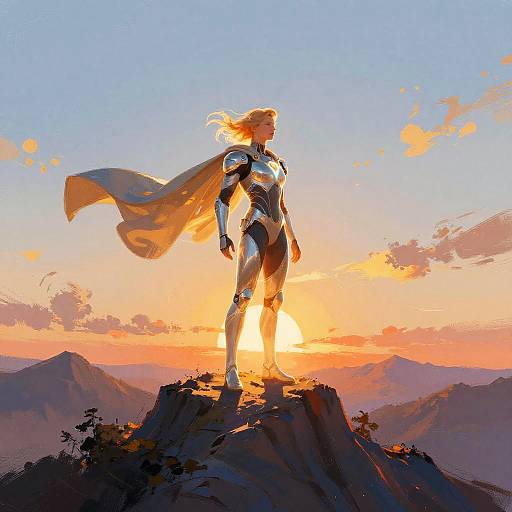 Digital artwork of a blonde, armored female warrior with a flowing cape standing on a mountain peak at sunrise, silhouetted against a vibrant orange and